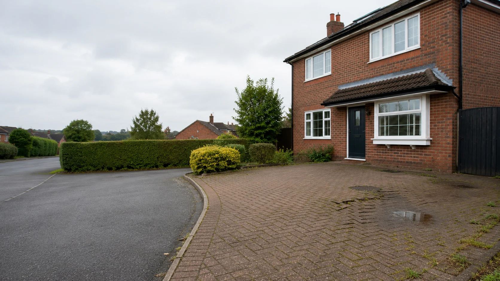 Ageing British residential driveway with weeds, worn paving and standing water