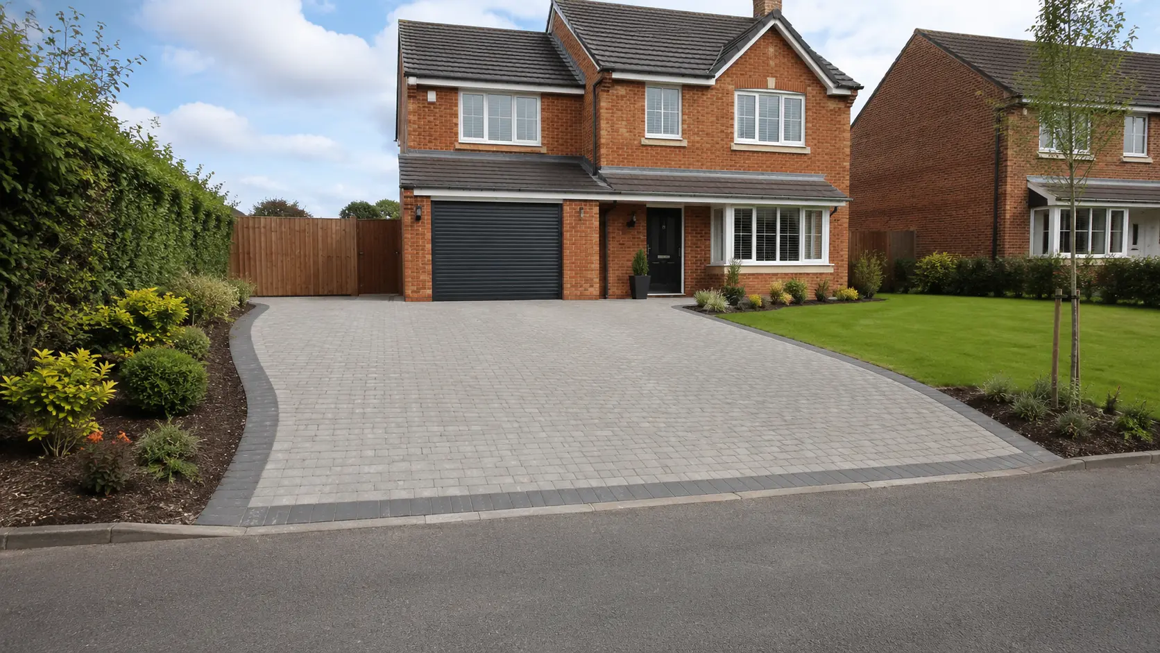 Newly finished residential driveway outside a British brick home